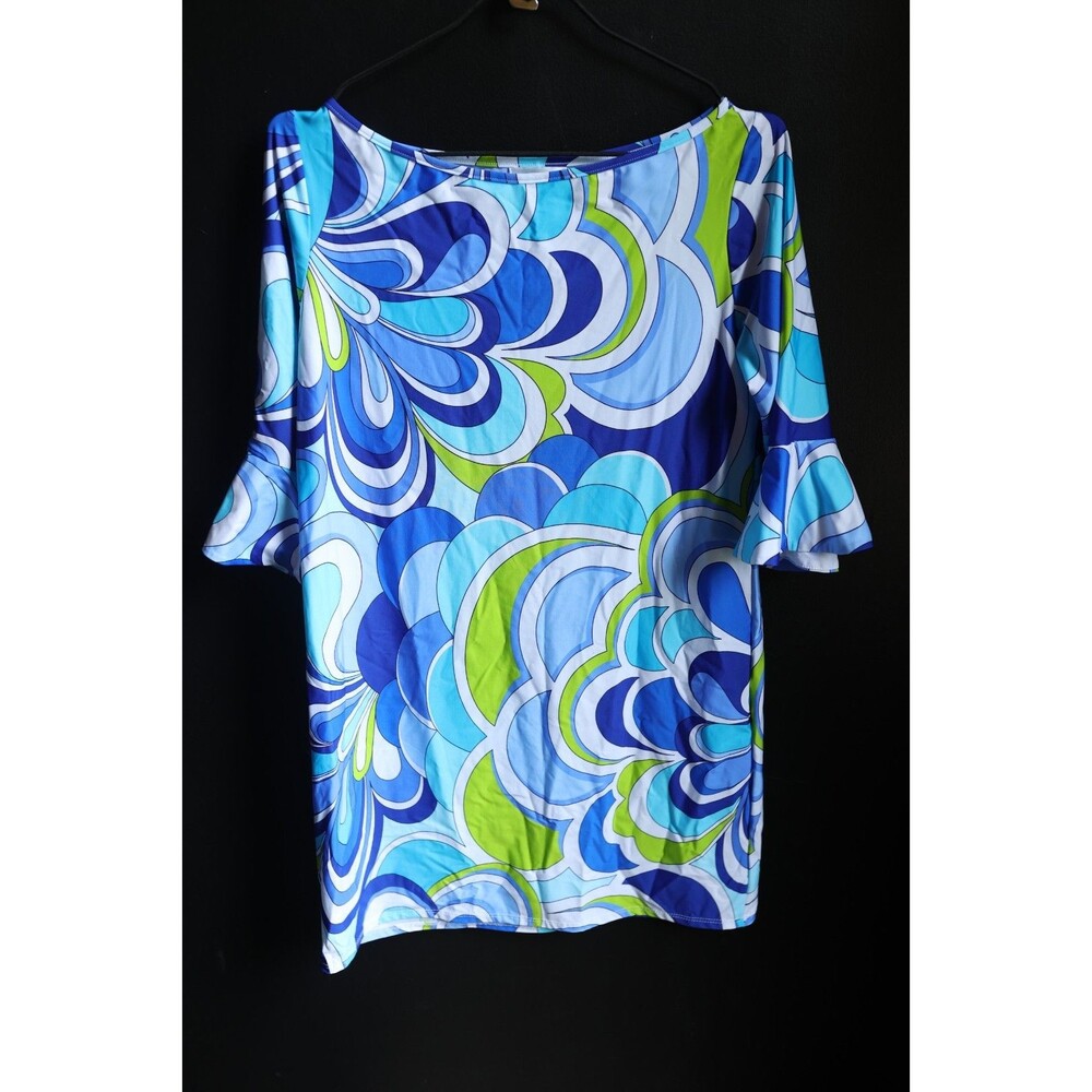 Tara Grinna Bright Colorful Retro Floral Bell Sleeve Cover Up Dress Resortwear L